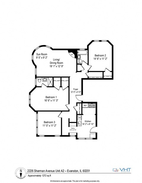 Floor plan for 3 beds, 2 baths, 1310 sqft